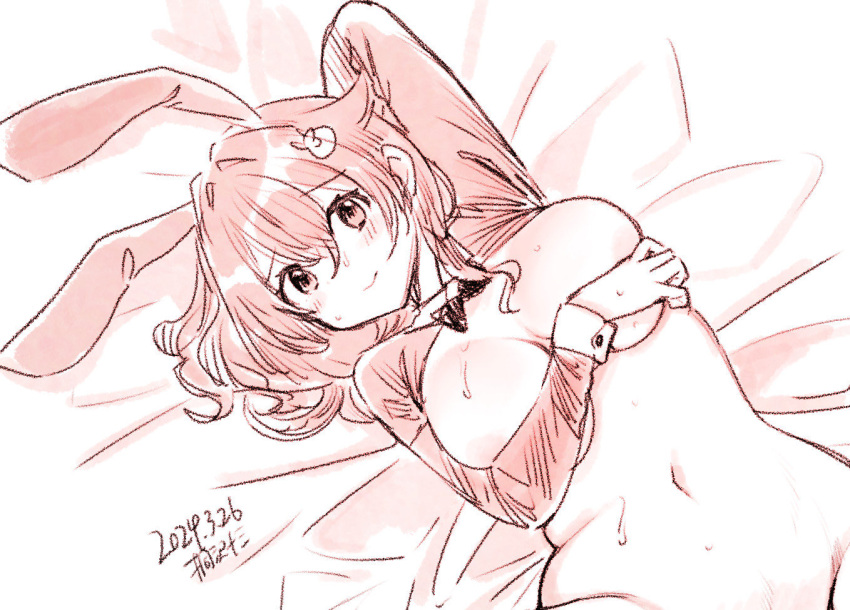 1girl animal_ears artist_name bed_sheet blush breasts closed_mouth dated fake_animal_ears groin hair_between_eyes hair_ornament jingei_(kancolle) kantai_collection kirisawa_juuzou large_breasts long_hair long_sleeves looking_at_viewer meme_attire monochrome navel rabbit_ears reverse_bunnysuit reverse_outfit sepia signature solo