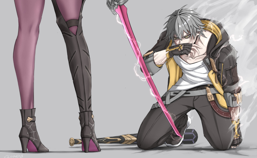 1boy 1girl absurdres after_battle bad_source baseball_bat caelus_(honkai:_star_rail) cluhob grey_hair highres holding holding_sword holding_weapon honkai:_star_rail honkai_(series) kafka_(honkai:_star_rail) kneeling pink_thighhighs steaming_body sword thighhighs trailblazer_(honkai:_star_rail) weapon