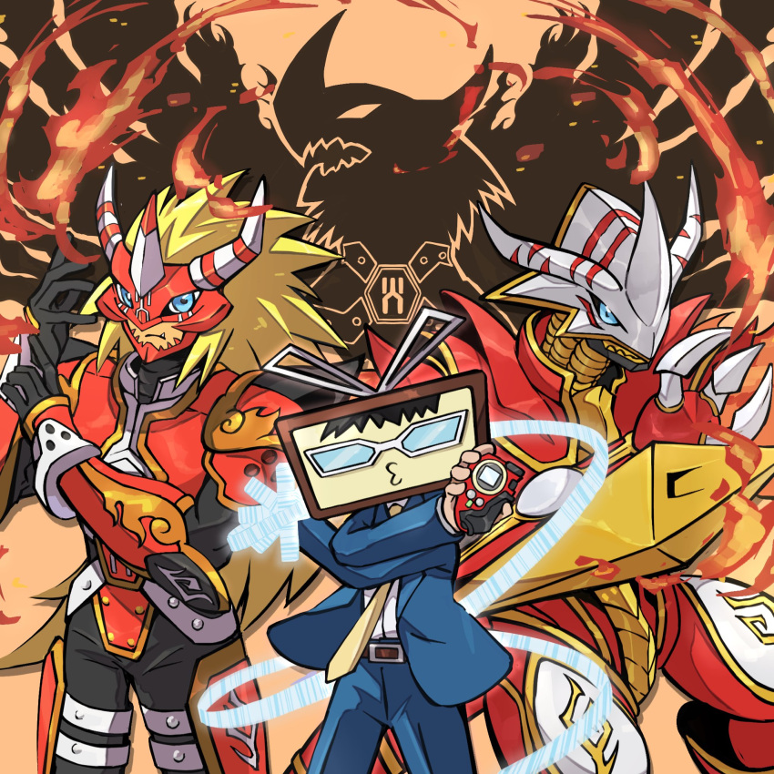 3boys agnimon ancientgreymon arm_cannon armor black_bodysuit black_hair blonde_hair blue_eyes blue_jacket blue_pants blue_suit bodysuit collared_shirt commentary_request commission digimon digimon_frontier dragon fang fewer_digits fire henshin_pose highres horns jacket long_hair looking_at_viewer mask multiple_boys nagoshi pants red_armor shirt silhouette suit tail vritramon weapon white_shirt