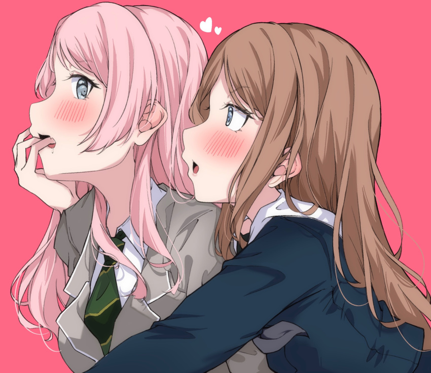 2girls bang_dream! bang_dream!_it's_mygo!!!!! blue_eyes blue_shirt blush brown_hair chihaya_anon collared_shirt commentary extreme_yuri_buta fang finger_in_another's_mouth green_necktie grey_eyes grey_jacket haneoka_school_uniform heart highres hug hug_from_behind jacket long_hair long_sleeves looking_at_another multiple_girls nagasaki_soyo necktie open_mouth pink_background pink_hair sailor_collar saliva school_uniform serafuku shirt simple_background skin_fang tsukinomori_school_uniform upper_body white_sailor_collar white_shirt yuri