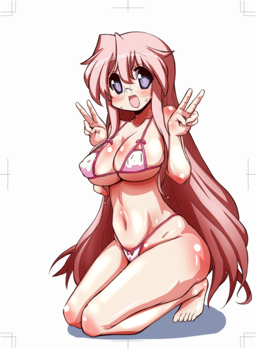 :d bad_id bad_pixiv_id barefoot bikini blush breasts covered_nipples double_v full_body glasses highres large_breasts long_hair looking_at_viewer lucky_star mizushima_(p201112) open_mouth pink_hair purple_eyes simple_background smile solo swimsuit takara_miyuki trim_marks v very_long_hair