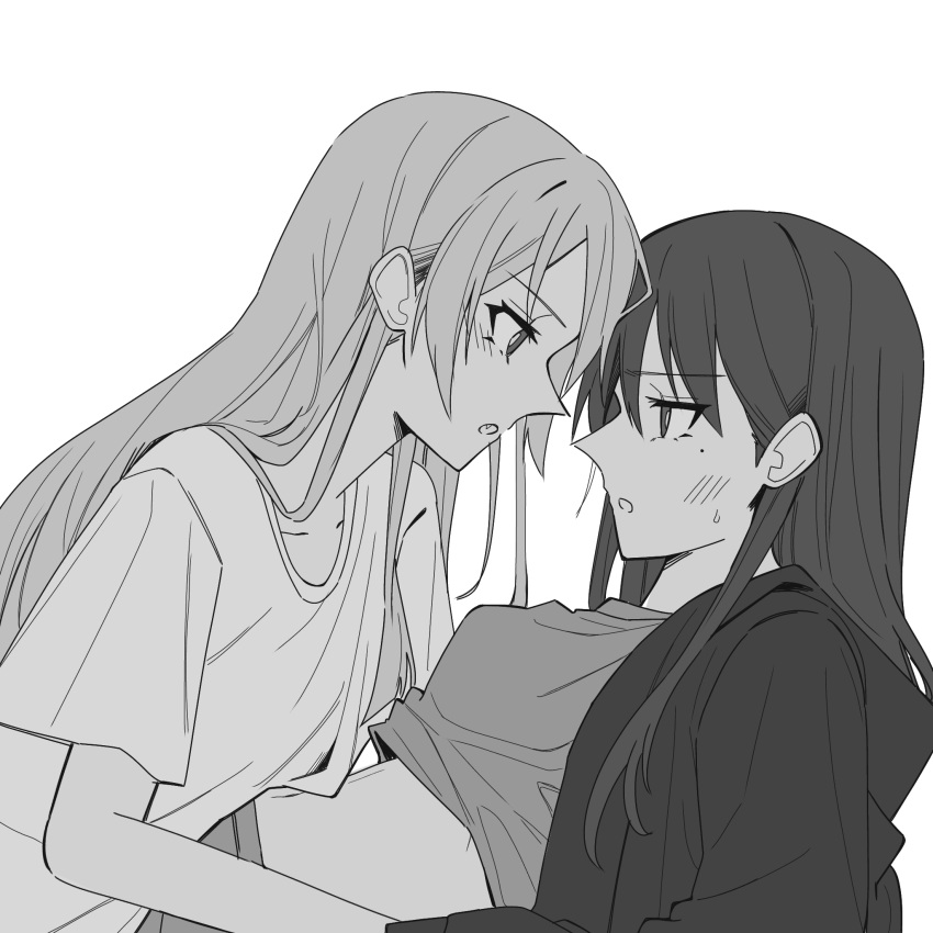 2girls bang_dream! bang_dream!_it's_mygo!!!!! blush chihaya_anon clothes_lift commentary_request eye_contact fang greyscale highres long_hair long_sleeves looking_at_another mole mole_under_eye monochrome multiple_girls nanami_(nunnun_0410) open_clothes open_shirt parted_lips shiina_taki shirt_lift short_sleeves sweat upper_body yuri