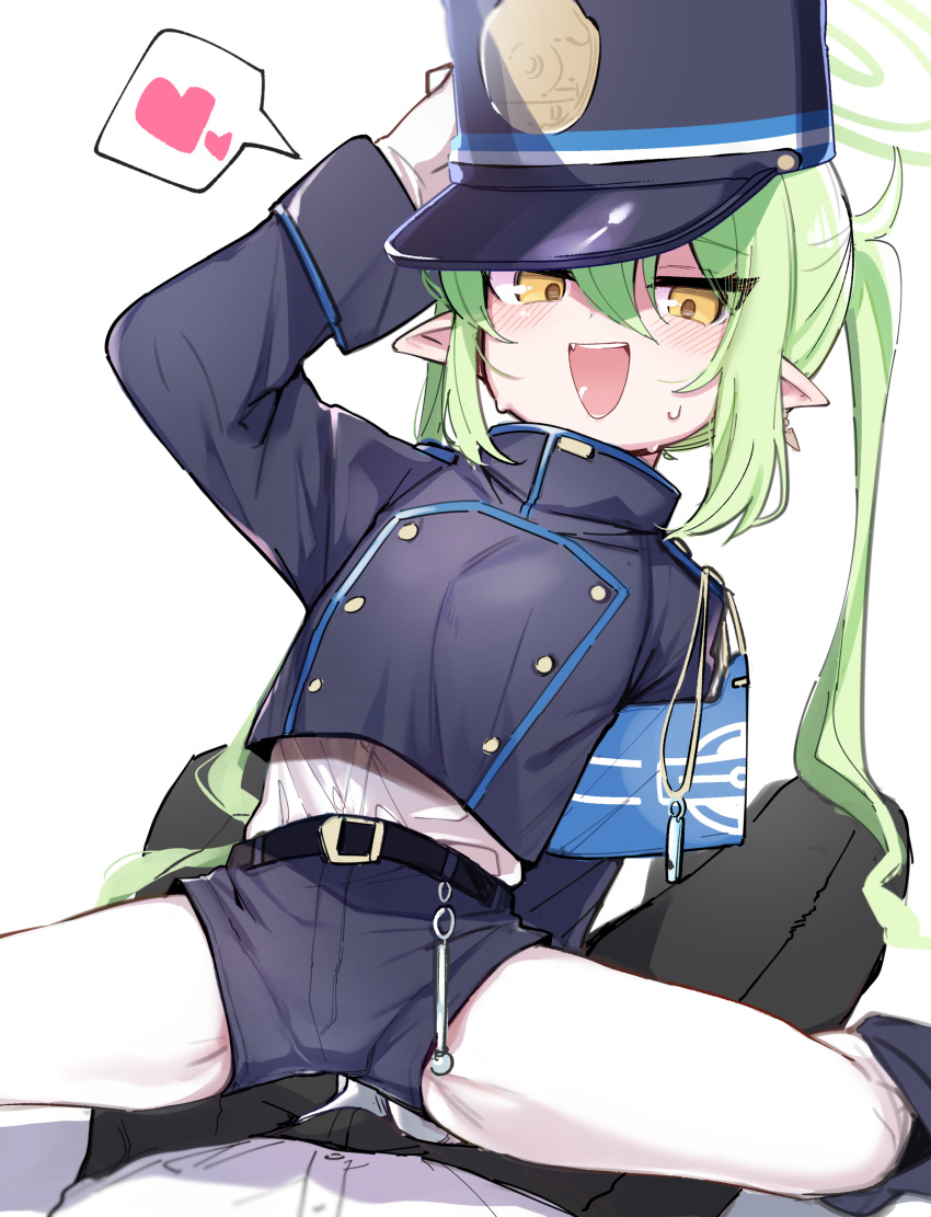 1boy 1girl absurdres armband belt black_shorts blue_archive blue_armband blush buttons commentary_request double-breasted fang girl_on_top green_hair hat heart hetero highlander_twintails_conductor_(blue_archive) highres long_hair long_sleeves looking_at_viewer open_mouth pantyhose pointy_ears pov pov_crotch shako_cap shirt_tucked_in short_shorts shorts simple_background smile solo_focus spoken_heart spread_legs straddling sweatdrop twintails utsusumi_kio white_background white_pantyhose yellow_eyes