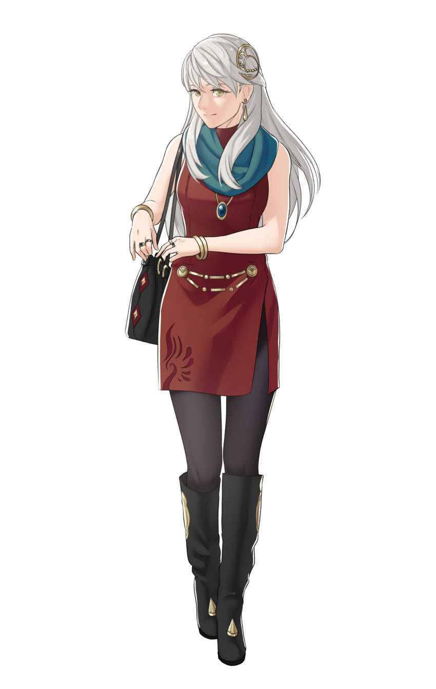 1girl absurdres alternate_costume bag bangle bare_shoulders blue_gemstone blue_scarf bracelet dress fire_emblem fire_emblem:_radiant_dawn gem grey_hair handbag highres jewelry looking_to_the_side micaiah_(fire_emblem) pomelomelon scarf side_slit sleeveless sleeveless_dress solo yellow_eyes