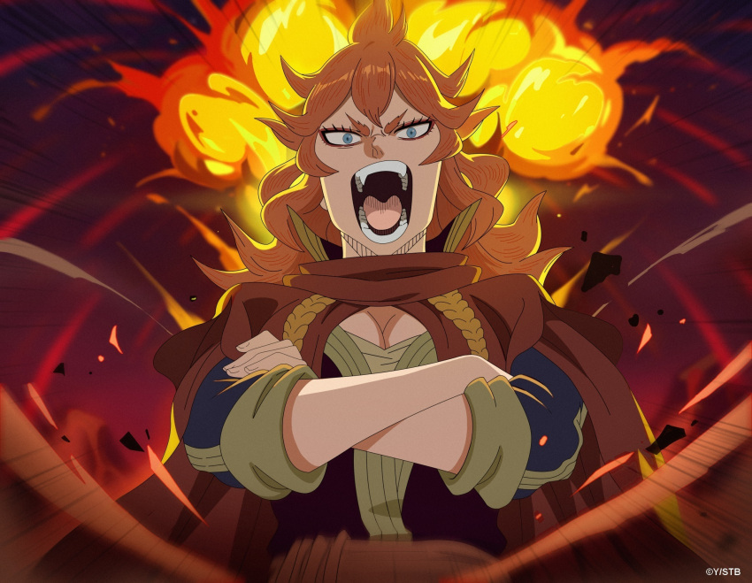 1girl black_clover black_clover_m:_rise_of_the_wizard_king blue_eyes breasts cape cleavage crossed_arms explosion highres long_hair looking_at_viewer mereoleona_vermillion official_art open_mouth orange_hair red_cape shouting solo