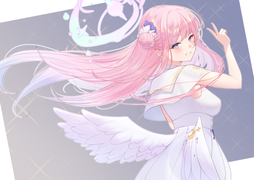 1girl absurdres angel_wings blue_archive blush breasts crescent crescent_pin dress feathered_wings flower grin hair_bun hair_flower hair_ornament halo highres long_hair looking_at_viewer medium_breasts mika_(blue_archive) pink_hair pink_halo purple_flower single_side_bun sleeveless sleeveless_dress smile solo upper_body v white_dress white_wings wings yata_mawari yellow_eyes