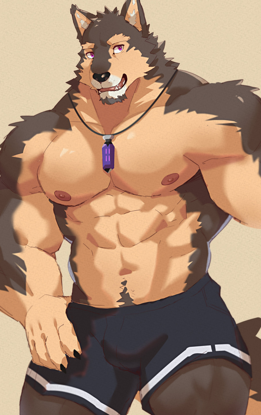 1boy abs absurdres animal_ears bara brown_fur cowboy_shot dog_boy dog_ears facial_hair furry furry_male goatee highres jewelry kimagureuso large_pectorals live_a_hero looking_at_viewer male_focus muscular muscular_male navel navel_hair nipples pectorals pendant pubraseer_(live_a_hero) short_hair shorts smile solo standing stomach thick_eyebrows topless_male two-tone_fur