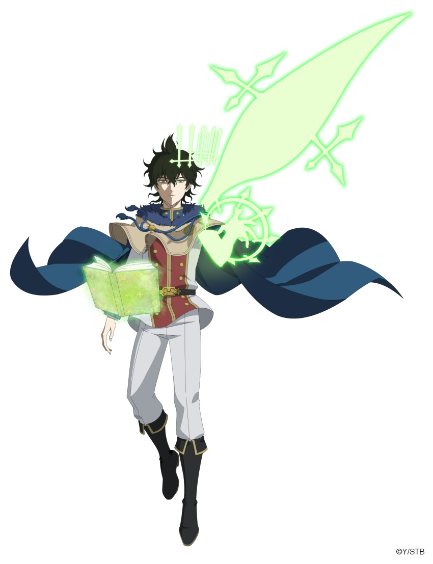 1boy belt black_clover black_clover_m:_rise_of_the_wizard_king black_footwear black_hair blue_cape book boots brown_capelet brown_eyes cape capelet full_body fur-trimmed_capelet fur_trim gold_buttons green_eyes grimoire heterochromia high_collar highres knee_boots looking_at_viewer magic official_art open_book pants red_shirt shirt simple_background solo two-tone_shirt white_background white_pants white_shirt yuno_(black_clover)