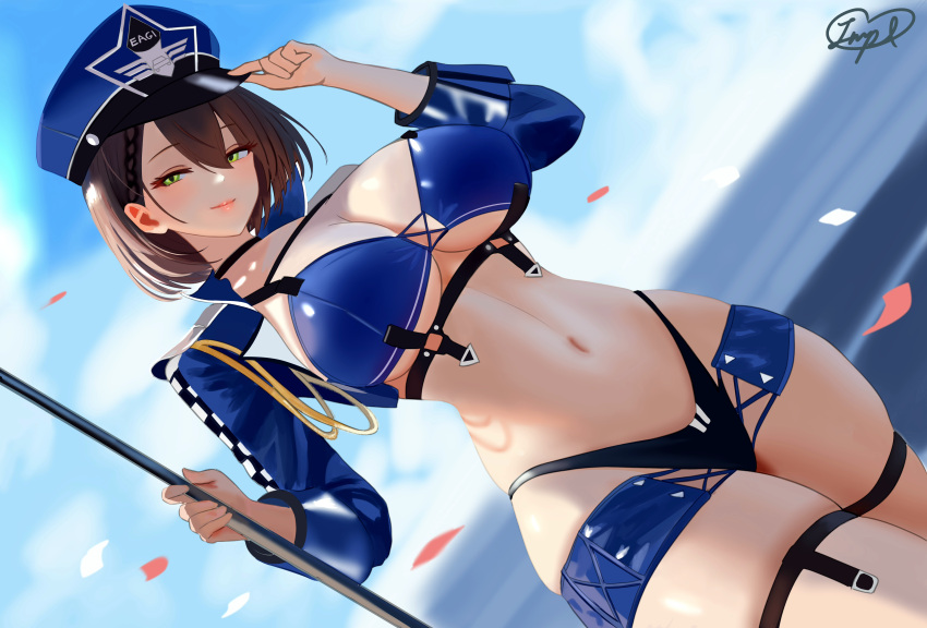 1girl absurdres adjusting_clothes adjusting_headwear azur_lane baltimore_(azur_lane) baltimore_(finish_line_flagbearer)_(azur_lane) bikini black_bikini black_choker blue_bikini blue_hat blue_jacket blue_shorts blue_sky blue_sleeves braid breasts brown_hair chest_harness choker cleavage closed_mouth cloud confetti cowboy_shot cropped_jacket day detached_sleeves dutch_angle english_commentary french_braid hair_between_eyes harness hat highleg highleg_bikini highres holding holding_pole impl_chan jacket large_breasts looking_at_viewer micro_shorts mismatched_bikini navel official_alternate_costume peaked_cap pole race_queen short_hair shorts sidelocks signature single_bare_shoulder single_detached_sleeve single_sleeve skindentation sky smile solo standing stomach swimsuit thigh_strap underbust yellow_eyes