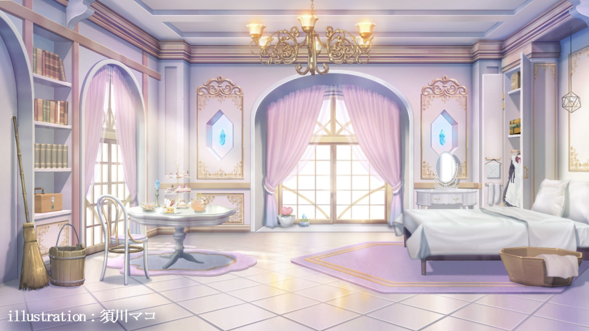 artist_name bed bedroom blanket blue_gemstone bookshelf broom bucket cake cake_slice chair chandelier cup curtains day dress food gem glass_teacup glass_teapot hanging_light highres hinata_nodoka indie_virtual_youtuber indoors lamp laundry_basket maid mirror muntins no_humans official_art pillow plant plate potted_plant rug scenery strawberry_shortcake sugawa_mako sunlight table tea teacup teapot tiered_tray tile_floor tiles unworn_dress vanity_table wardrobe window wooden_bucket