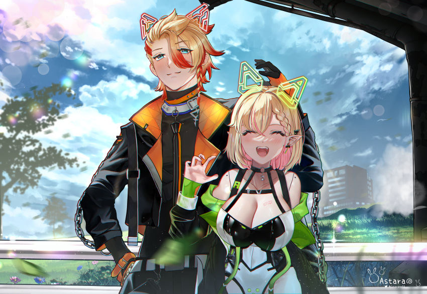 1boy 1girl a.n.n.j._(annjelife) absurdres animal_ears artist_name astara axel_syrios black_jacket black_shirt blonde_hair blue_eyes braid breasts building cleavage closed_eyes cloud cloudy_sky collar colored_inner_hair fake_animal_ears gloves halterneck highres holostars holostars_english indie_virtual_youtuber jacket large_breasts leotard looking_at_viewer multicolored_clothes multicolored_hair off_shoulder open_clothes open_jacket pink_hair pointy_ears red_hair second-party_source shirt short_hair single_braid sky tree twitter_username two-tone_hair upper_body virtual_youtuber
