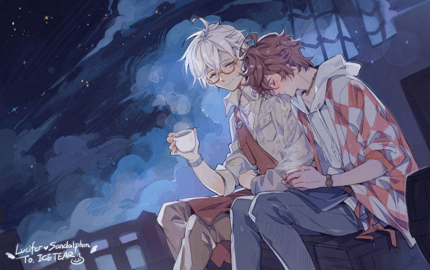 2boys ahoge aircraft airship belt bishounen blue_eyes blush brown_hair closed_eyes cloud cloudy_sky coffee coffee_cup commentary cup denim disposable_cup drawstring english_commentary english_text gift_art granblue_fantasy hair_between_eyes hair_ornament hairclip highres holding holding_cup hood hood_down jacket jeans jewelry light_smile looking_at_another lucifer_(shingeki_no_bahamut) luminous_slime male_focus messy_hair mixed-language_commentary multiple_boys necklace night night_sky official_alternate_costume overalls pants parted_lips plaid plaid_jacket round_eyewear sandalphon_(granblue_fantasy) short_hair sky sleeping sleeves_rolled_up star_(sky) starry_sky watch white_hair wristwatch yaoi