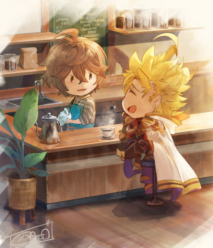 2boys :d ahoge apron armor blonde_hair brown_hair cafe cape chibi cleaning closed_eyes coffee coffee_beans coffee_cup coffee_pot commentary commentary_request counter crossed_legs cup disposable_cup full_body granblue_fantasy hair_between_eyes highres hood hood_down laughing light looking_at_another male_focus messy_hair multiple_boys parted_bangs plant potted_plant red_eyes sandalphon_(granblue_fantasy) sandalphon_(server_of_a_sublime_brew)_(granblue_fantasy) seofon_(granblue_fantasy) shaodw22 shelf shirt signature sink sitting sleeves_rolled_up smile solid_oval_eyes spiked_hair steam stool striped_clothes striped_shirt vertical-striped_clothes vertical-striped_shirt