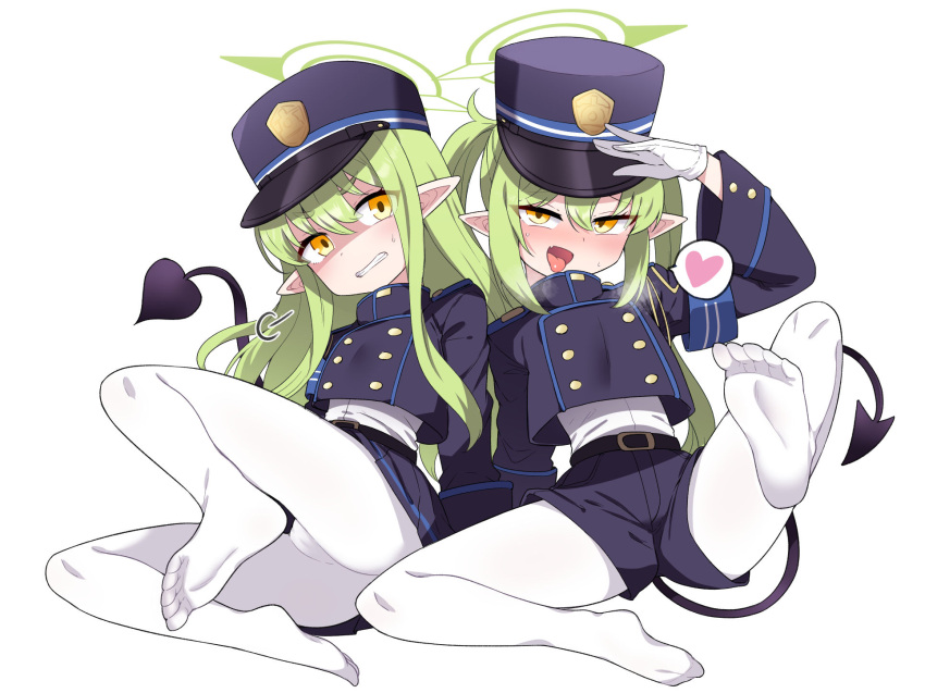 2girls amagaeru_(hylathewet) armband black_shorts black_skirt blue_archive blue_armband blush buttons clenched_teeth commentary_request demon_tail disgust double-breasted fang full_body gloves green_hair green_halo halo hat heart highlander_sidelocks_conductor_(blue_archive) highlander_twintails_conductor_(blue_archive) highres leg_up long_hair looking_at_viewer mesugaki multiple_girls no_shoes open_mouth orange_eyes pantyhose pointy_ears puff_of_air salute shaded_face shako_cap short_shorts shorts side-by-side simple_background sitting skirt smile soles spoken_heart spread_legs sweat sweatdrop tail teeth textless_version thick_eyebrows tongue tongue_out tsurime twintails v-shaped_eyebrows variant_set white_background white_gloves white_pantyhose