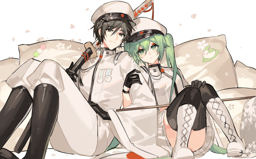1boy 1girl absurdres black_eyes black_gloves black_hair black_thighhighs boots commentary_request cross-laced_footwear falling_petals furisode_sleeves gloves green_eyes green_hair hair_between_eyes hat hatsune_miku highres holding_another's_arm japanese_clothes kaito_(vocaloid) katana kazenemuri kimono knee_boots knees_up long_hair looking_at_viewer military_hat military_uniform petals project_diva_(series) rei_no_sakura_shirayuki_(module) scabbard senbonzakura_(vocaloid) sheath shiny_clothes short_hair sitting skirt smile sword thighhighs twintails uniform vocaloid weapon white_background white_kimono white_theme wide_sleeves