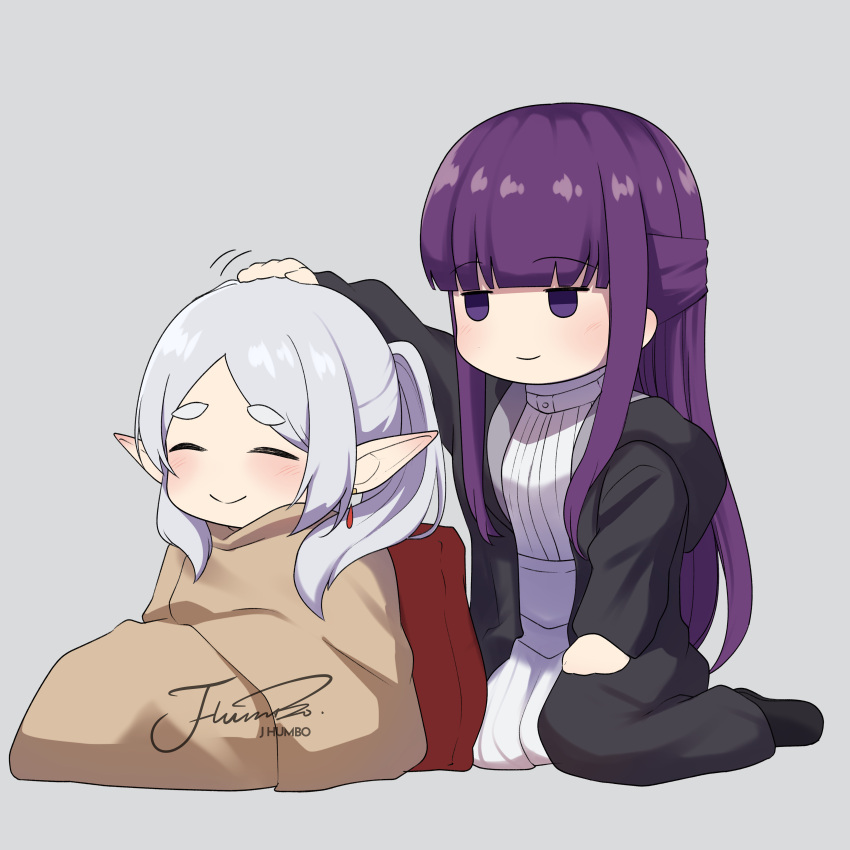 2girls absurdres arm_up artist_name black_cloak black_footwear blanket blunt_bangs blush chibi cloak closed_eyes closed_mouth commentary dress earrings elf fern_(sousou_no_frieren) frieren grey_background grey_hair hand_on_another's_head headpat highres hood hood_down hooded_cloak j_humbo jewelry jitome long_hair long_sleeves motion_lines multiple_girls no_nose open_cloak open_clothes parted_bangs pointy_ears purple_eyes purple_hair raised_eyebrows signature simple_background sitting sousou_no_frieren thick_eyebrows very_long_hair white_dress