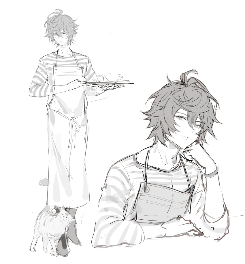 1boy 1other absurdres ahoge apron bishounen bracelet cat coffee coffee_cup commentary commentary_request cup disposable_cup full_body granblue_fantasy greyscale hair_between_eyes hand_on_own_chin highres holding holding_tray jewelry light_smile male_focus messy_hair monochrome multiple_views osamu_(jagabata) sandalphon_(granblue_fantasy) sandalphon_(server_of_a_sublime_brew)_(granblue_fantasy) shirt short_hair sketch solo_focus striped_clothes striped_shirt tray unfinished vertical-striped_clothes vertical-striped_shirt white_background
