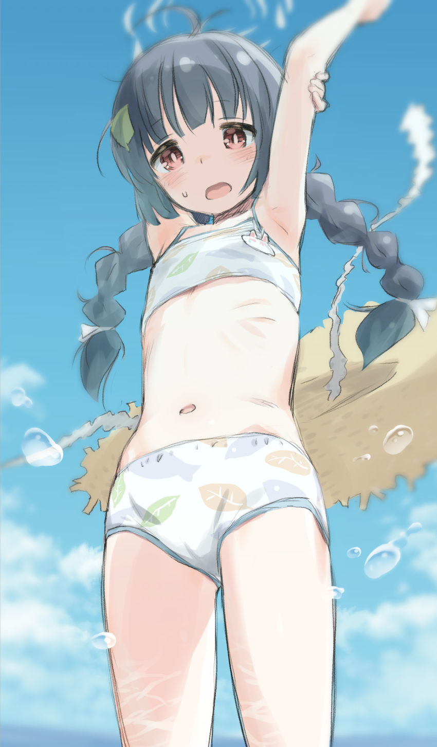 1girl ahoge antenna_hair arm_behind_head armpits arms_up bikini black_hair blue_archive blue_sky blush braid brown_eyes cloud cowboy_shot day flat_chest from_below hat hat_on_back highres kokekokko_coma leaf_print long_hair looking_at_viewer looking_down low_twin_braids miyu_(blue_archive) miyu_(swimsuit)_(blue_archive) navel official_alternate_costume open_mouth outdoors outstretched_arm print_bikini sky solo stomach straw_hat sweatdrop swimsuit tareme twin_braids unworn_hat unworn_headwear white_bikini