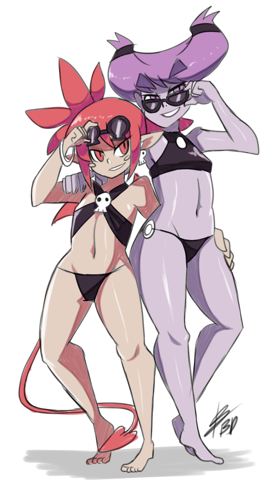 adjusting_eyewear arm_around_shoulder arm_around_waist bad_id bad_tumblr_id bangle barefoot bigdead93 bikini black_bikini bracelet criss-cross_halter crossover dc_comics demon_girl demon_tail disgaea etna eyebrows flat_chest full_body halter_top halterneck highres jewelry jinx multiple_girls pink_eyes purple_hair purple_skin red_eyes red_hair short_hair skull spiked_hair sunglasses swimsuit tail tankini teen_titans thick_eyebrows twintails