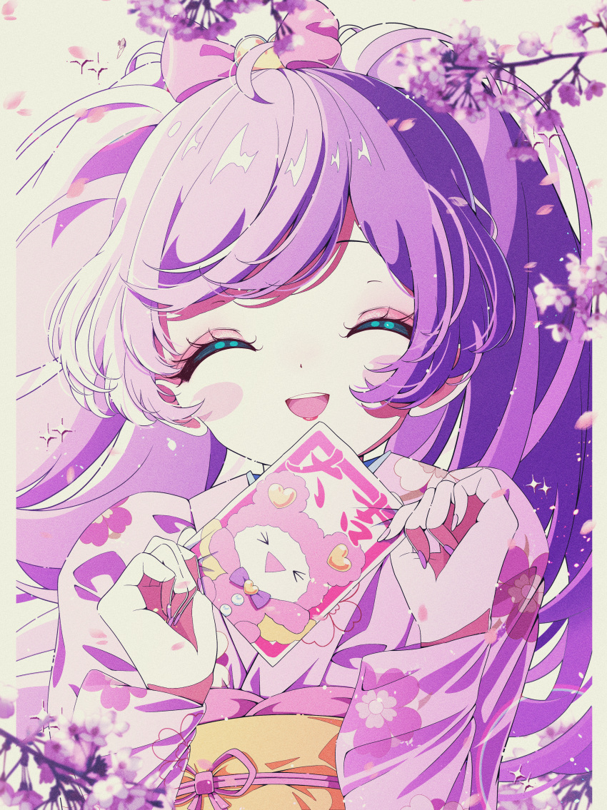 1girl :d absurdres ahoge bow branch card cherry_blossoms closed_eyes facing_viewer hair_bow hands_up highres holding holding_card japanese_clothes kimono kuma_(pripara) long_hair manaka_laala milon_cas obi open_mouth pink_bow pink_kimono pretty_series pripara purple_hair retro_artstyle sash smile solo twintails upper_body