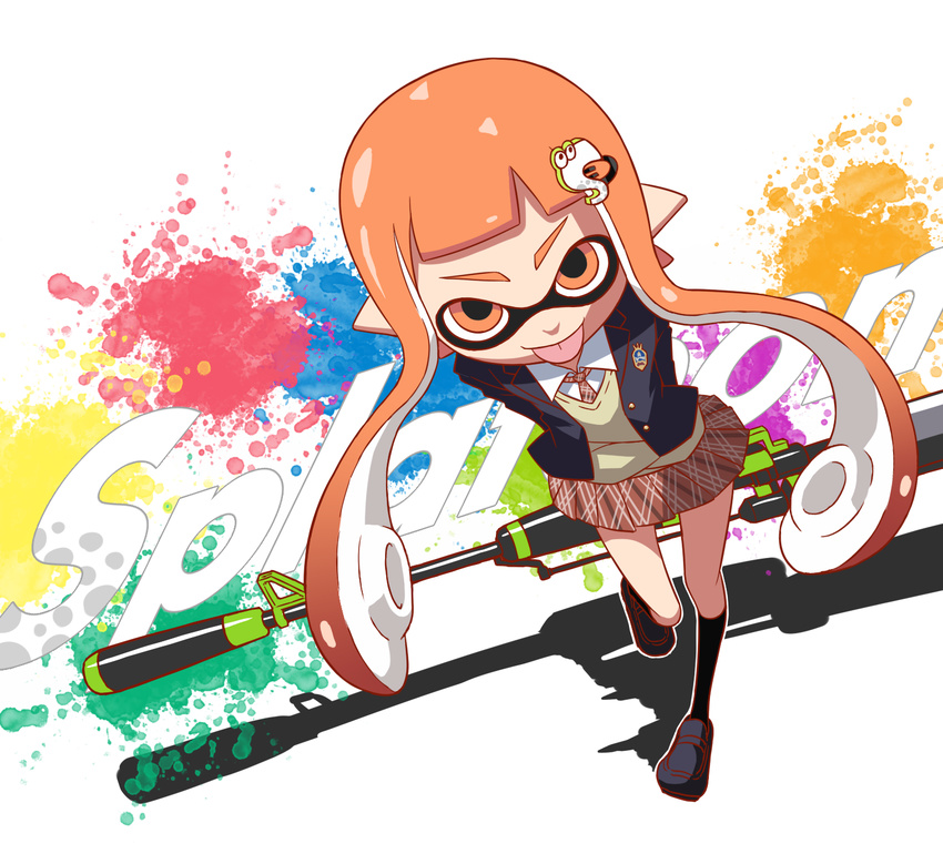 :p black_legwear blazer collared_shirt copyright_name domino_mask from_above gogiga_gagagigo gun hair_ornament hairclip hero_charger_(splatoon) highres inkling jacket looking_at_viewer mask necktie orange_eyes orange_hair paint_splatter pleated_skirt pointy_ears rifle school_uniform shirt skirt solo splatoon_(series) splatoon_1 tentacle_hair tongue tongue_out weapon white_shirt wing_collar