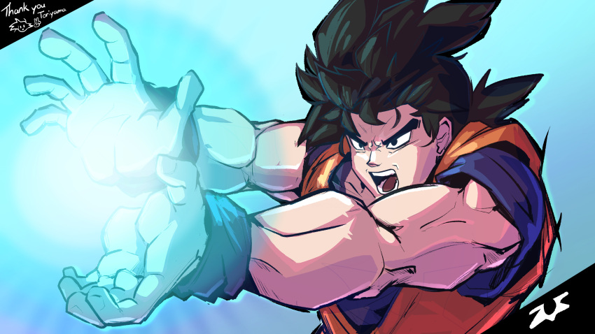 1boy arms_up black_hair blue_background blue_light blue_shirt blue_wristband dougi dragon_ball english_commentary highres incoming_attack jumpsuit kamehameha_(dragon_ball) looking_ahead male_focus micro_(antisocialmicro) open_mouth orange_jumpsuit shirt short_hair short_sleeves solo son_goku spiked_hair thick_eyebrows upper_body wristband