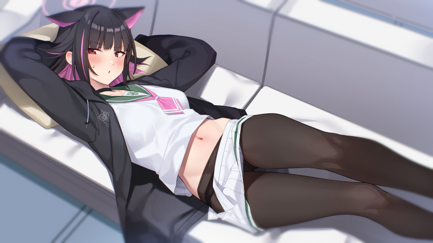1girl absurdres animal_ears black_hair black_jacket black_panties blue_archive blurry blush breasts brown_pantyhose cat_ears choker colored_inner_hair couch depth_of_field dot_nose extra_ears feet_out_of_frame halo highres indoors jacket kazusa_(blue_archive) looking_at_viewer lying miniskirt multicolored_hair navel neckerchief on_back open_clothes open_jacket panties panties_under_pantyhose pantyhose parted_lips partner_(kprtnr) pillow pink_neckerchief red_eyes sailor_collar shirt short_hair sidelocks skirt small_breasts solo sweatdrop underwear white_shirt white_skirt