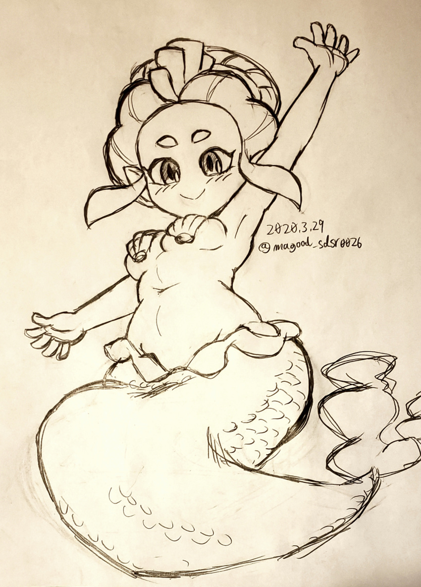 1girl absurdres arm_up armpits blush breasts dated from_below highres looking_at_viewer magood_sdsr0026 mermaid monochrome monster_girl navel ningyo_(youkai_watch) pointy_ears shell shell_bikini sketch smile solo twitter_username youkai_(youkai_watch) youkai_watch