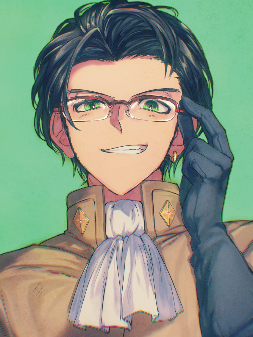 1boy adjusting_eyewear ascot brown_hair by8k4 claude_von_riegan dark-skinned_male dark_skin earrings fire_emblem fire_emblem:_three_houses glasses gloves green_eyes highres jewelry male_focus semi-rimless_eyewear single_earring smile white_ascot