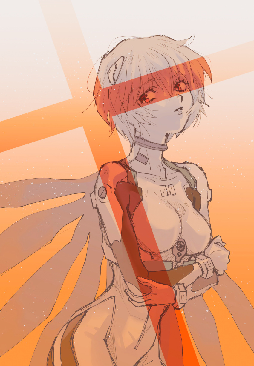 1girl absurdres ayanami_rei cross crossed_arms expressionless highres looking_to_the_side matsuko_(mrimri3) neon_genesis_evangelion parted_lips plugsuit red_eyes short_hair solo spot_color upper_body wings