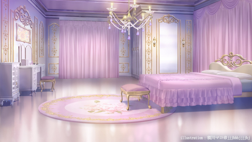 artist_name bed bedroom blanket cabinet chandelier cosmetics curtains highres himeno_aimu indie_virtual_youtuber indoors mirror muntins no_humans official_art painting_(object) pillow rug scenery stool sugawa_mako table vanity_table window