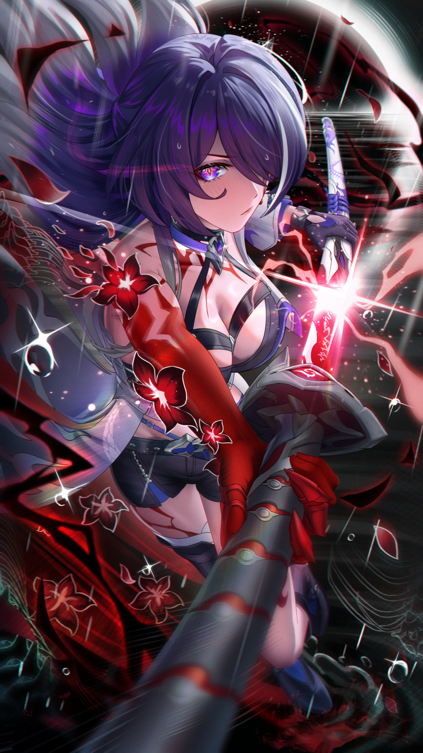 1girl absurdres acheron_(honkai:_star_rail) bare_shoulders black_gloves black_shorts breasts cleavage commentary cruzvu flower gloves gradient_hair grey_hair highres holding holding_sword holding_weapon honkai:_star_rail honkai_(series) katana large_breasts looking_at_viewer multicolored_hair purple_eyes purple_hair red_flower scabbard sheath short_shorts shorts solo streaked_hair sword thighs unsheathing weapon