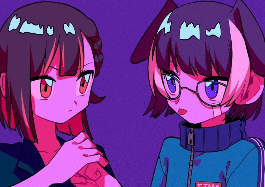 2girls animal_ears bandage_on_face bandages blue_eyes blue_jacket brown_eyes closed_mouth collarbone glasses highres jacket looking_ahead menma_(enaic31) multicolored_hair multiple_girls nira-chan purple_background short_hair streaked_hair tongue tongue_out track_jacket upper_body zipper zutto_mayonaka_de_ii_no_ni