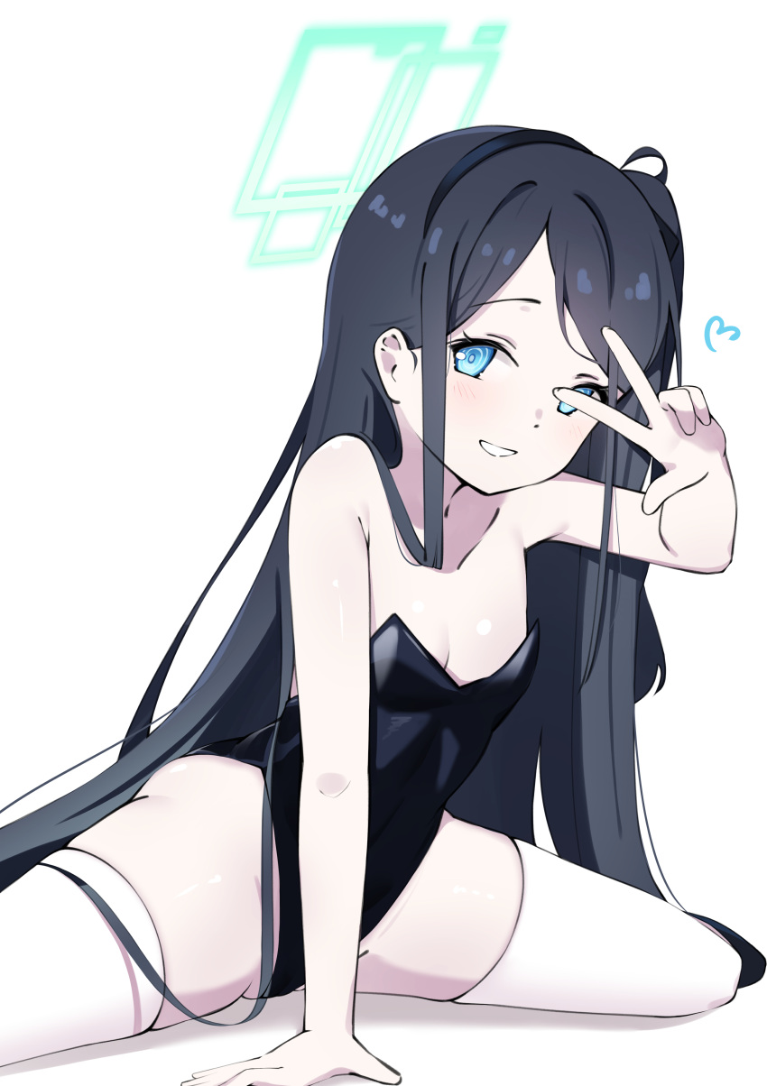 1girl absurdly_long_hair absurdres aris_(blue_archive) black_hair black_leotard blue_archive blue_eyes blush breasts green_halo grin halo highres komasi leotard long_hair looking_at_viewer one_side_up simple_background sitting small_breasts smile solo strapless strapless_leotard thighhighs v very_long_hair white_background white_thighhighs