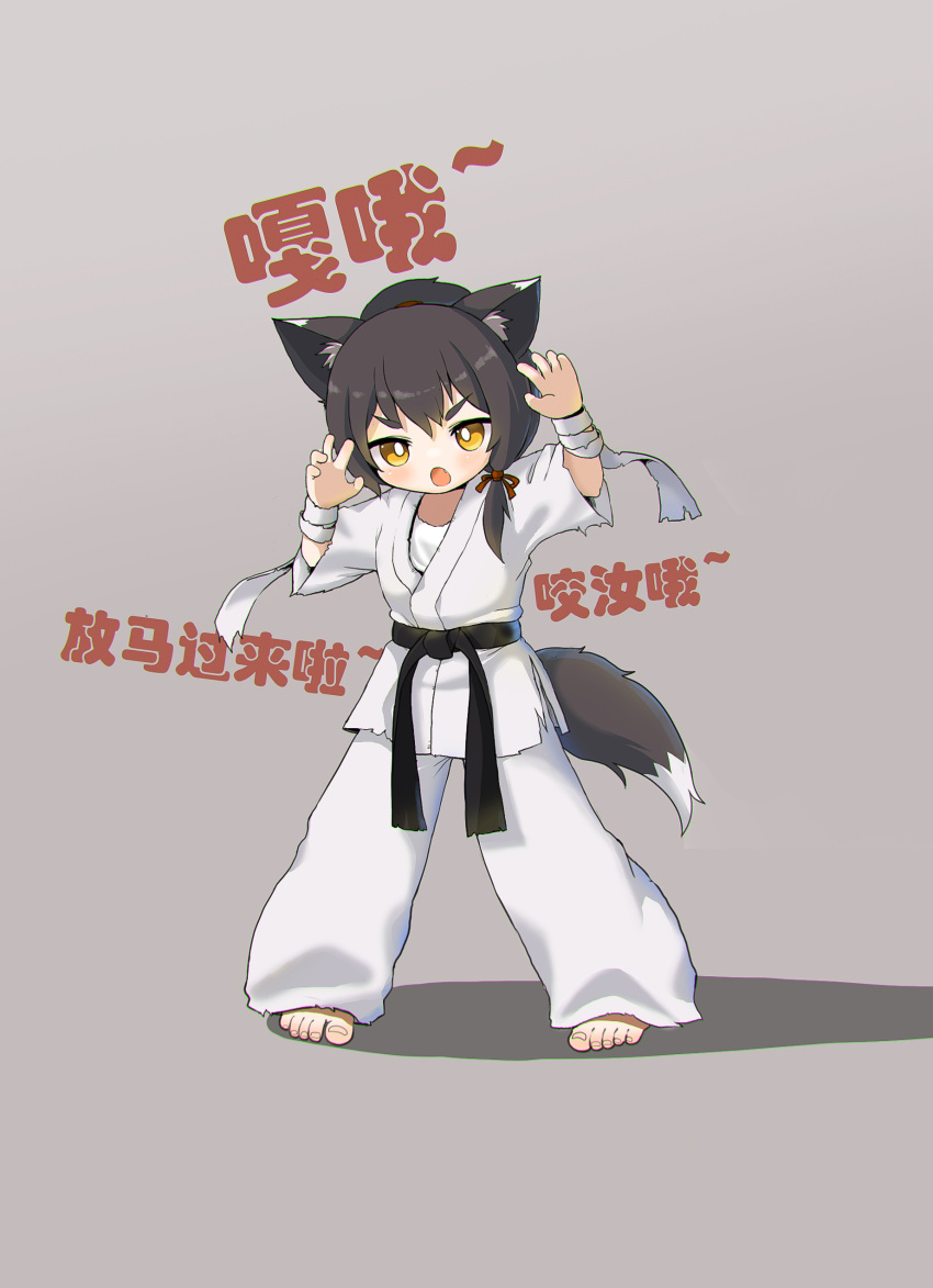 1girl absurdres animal_ear_fluff animal_ears bandaged_arm bandages belt black_belt black_hair cat_ears cat_girl cat_tail chinese_commentary chinese_text claw_pose commentary_request dougi fang full_body grey_background highres kuma-bound looking_at_viewer martial_arts_belt medium_hair open_mouth original pants simple_background solo standing tail toes translation_request v-shaped_eyebrows white_pants yellow_eyes