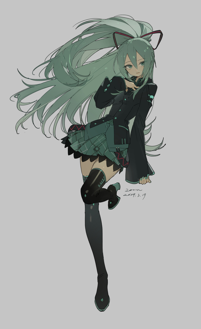 1girl absurdres arm_at_side artist_name black_footwear black_jacket black_ribbon boots colored_eyelashes dated full_body green_eyes green_nails green_skirt grey_background hair_between_eyes hair_ribbon hand_on_own_chest hatsune_miku hatsune_miku_(if) high_heel_boots high_heels highres jacket leg_up long_hair long_sleeves looking_at_viewer plaid plaid_skirt pleated_skirt ponytail ribbon signature simple_background skirt sleeves_past_wrists solo striped_ribbon thigh_boots very_long_hair vocaloid zhibuji_loom