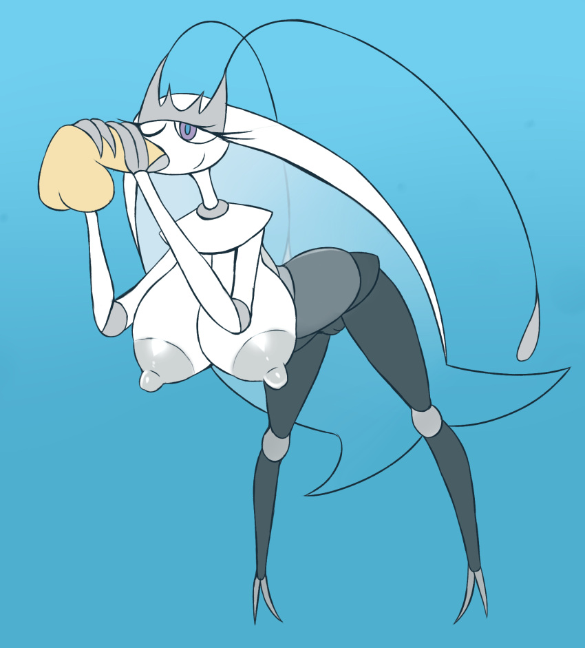 2019 antennae_(anatomy) anthro areola arthropod big_breasts blattodea blue_background blue_eyes breasts camel_toe cheek_bulge cockroach digital_media_(artwork) disembodied_penis duo elfdrago eyelashes fellatio female generation_7_pokemon genitals gradient_background grey_areola grey_nipples hi_res huge_breasts insect male male/female multicolored_eyes nintendo nipples one_eye_closed oral oral_penetration penetration penile penile_penetration penis pheromosa pokemon pokemon_(species) purple_eyes sex simple_background ultra_beast white_body