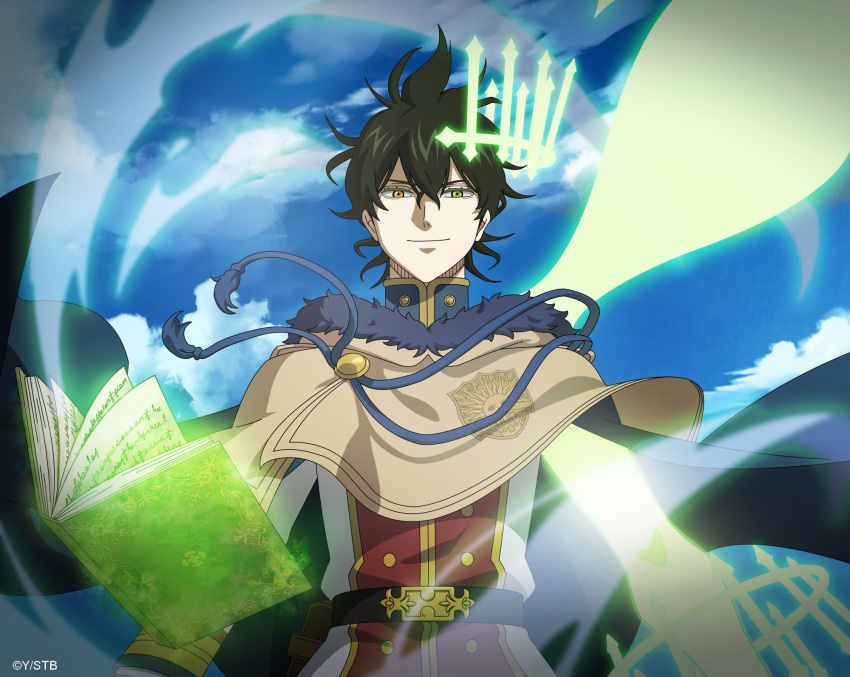 1boy belt black_clover black_clover_m:_rise_of_the_wizard_king black_hair blue_cape blue_sky book brown_capelet brown_eyes cape capelet cloud full_body fur-trimmed_capelet fur_trim gold_buttons golden_dawn_(emblem) green_eyes grimoire heterochromia high_collar highres looking_at_viewer magic male_focus official_art open_book pants red_shirt shirt sky smile solo two-tone_shirt upper_body white_pants white_shirt yuno_(black_clover)