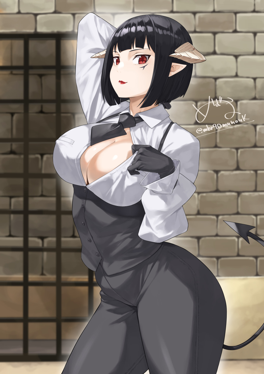 1girl absurdres arm_behind_head arm_up black_gloves black_hair black_necktie black_pants blunt_bangs breasts brick_wall cleavage closed_mouth collared_shirt commentary_request cowboy_shot demon_girl demon_horns demon_tail gloves highres hime-sama_"goumon"_no_jikan_desu horns large_breasts long_sleeves looking_at_viewer mbr90munouk necktie pants pointy_ears red_eyes red_lips shirt short_hair solo standing stone_wall tail thick_thighs thighs torture_tortura vest white_shirt