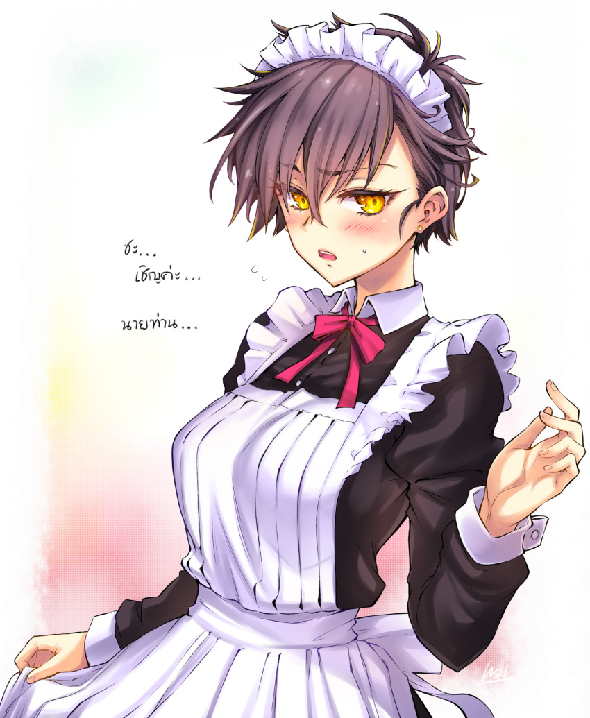 1girl apron b_landforce blonde_hair blush breasts brown_hair earrings embarrassed english_commentary fingernails gradient_background highres jewelry language_request long_eyelashes looking_at_viewer maid maid_apron maid_headdress medium_breasts messy_hair original parted_lips pink_background red_ribbon ribbon short_hair solo stud_earrings sweatdrop talking teeth tomboy translation_request upper_teeth_only white_background yellow_background