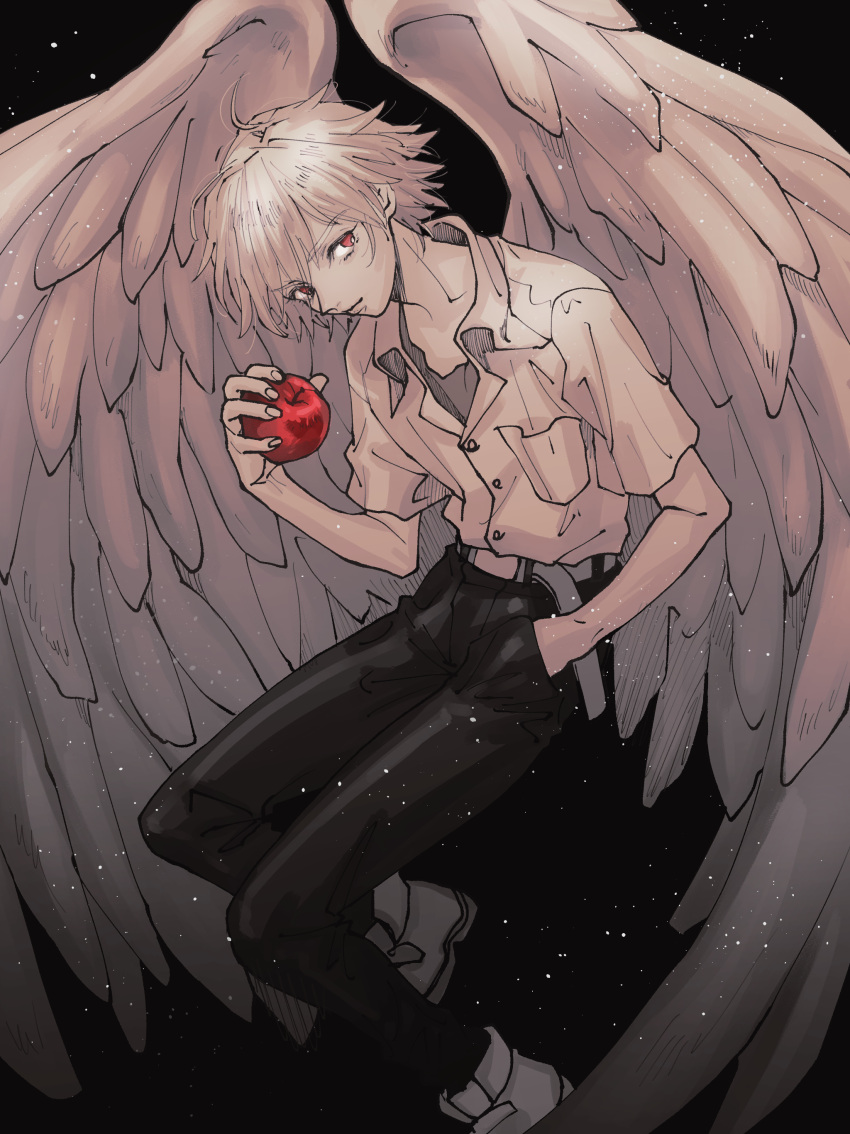1boy absurdres angel_wings apple collared_shirt expressionless feathered_wings food fruit hand_in_pocket highres holding holding_food holding_fruit looking_at_viewer male_focus matsuko_(mrimri3) monochrome nagisa_kaworu neon_genesis_evangelion red_eyes shirt solo spot_color wings