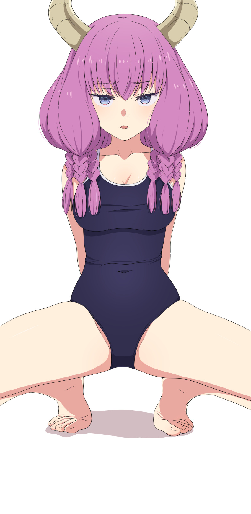 1girl absurdres arms_behind_back aura_(sousou_no_frieren) barefoot blue_eyes blue_one-piece_swimsuit braid breasts camui1104 demon_girl demon_horns feet highres horns long_hair looking_at_viewer one-piece_swimsuit parted_lips purple_hair simple_background solo sousou_no_frieren spread_legs squatting straight-on swimsuit thighs tiptoes toes white_background