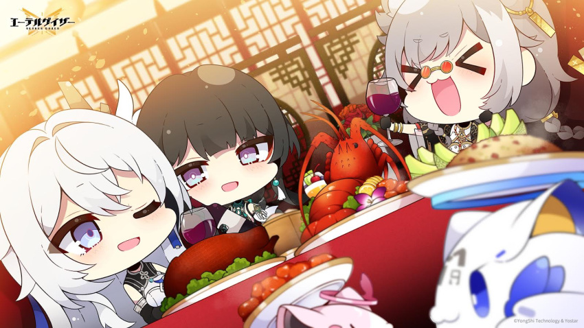 &gt;_&lt; 3girls :d ;d aether_gazer alcohol bare_shoulders black_gloves black_hair blurry blurry_background blurry_foreground blush braid character_request chibi commentary_request copyright_name cup depth_of_field drinking_glass dutch_angle food food_request gloves grey_eyes grey_hair hair_between_eyes highres holding holding_cup indoors long_hair multiple_girls muuran official_art one_eye_closed orange-tinted_eyewear pince-nez plate purple_eyes shirt short_eyebrows smile table thick_eyebrows tinted_eyewear white_shirt wine wine_glass xd