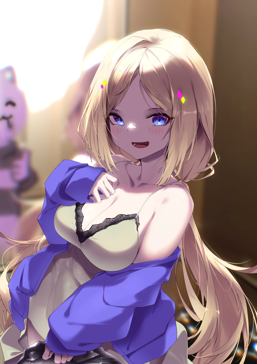 1girl absurdres aki_rosenthal aki_rosenthal_(sleepwear) blonde_hair blue_eyes blue_nightgown blush breasts cleavage highres hololive large_breasts long_hair looking_at_viewer nightgown official_alternate_costume open_mouth pparus smile solo twintails virtual_youtuber white_chemise