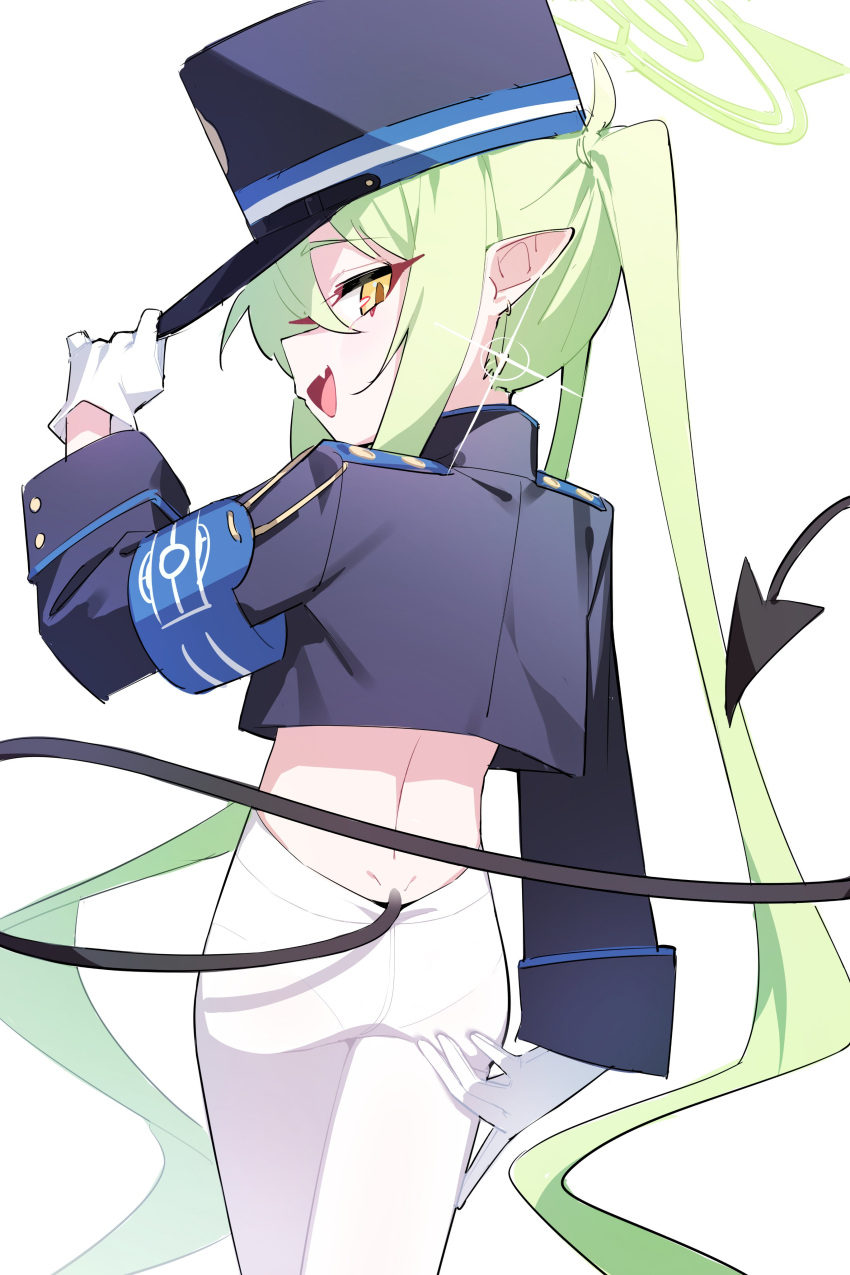 1girl absurdres armband back blue_archive blue_armband commentary cowboy_shot crop_top demon_tail earrings fang from_behind gloves green_hair green_halo halo hand_on_headwear hat highlander_twintails_conductor_(blue_archive) highres honi_(honi1010) jewelry long_hair long_sleeves looking_at_viewer looking_back midriff no_pants open_mouth panties panties_under_pantyhose pantyhose pointy_ears profile shako_cap simple_background skin_fang smile solo symbol-only_commentary tail twintails underwear very_long_hair white_background white_gloves white_pantyhose yellow_eyes