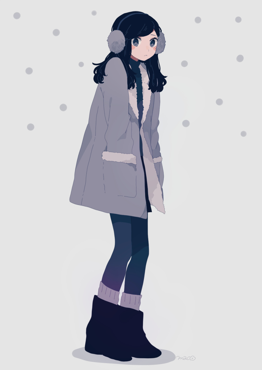 1girl artist_name black_footwear black_hair blush_stickers boots closed_mouth coat commentary_request dots earmuffs full_body fur-trimmed_coat fur_trim grey_background hands_in_pockets highres light_frown long_hair long_sleeves looking_at_viewer maco22 mole mole_under_eye original pantyhose signature simple_background socks solo standing winter_clothes