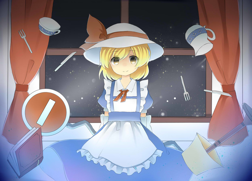 apron arms_behind_back bad_id bad_pixiv_id blonde_hair book creamer_(vessel) cup curtains dress elbow_gloves ellipsis_(mitei) floating fork gloves hat hat_ribbon indoors kana_anaberal knife lamp levitation looking_at_viewer pitcher ribbon road_sign short_hair sign smile solo teacup touhou touhou_(pc-98) window yellow_eyes