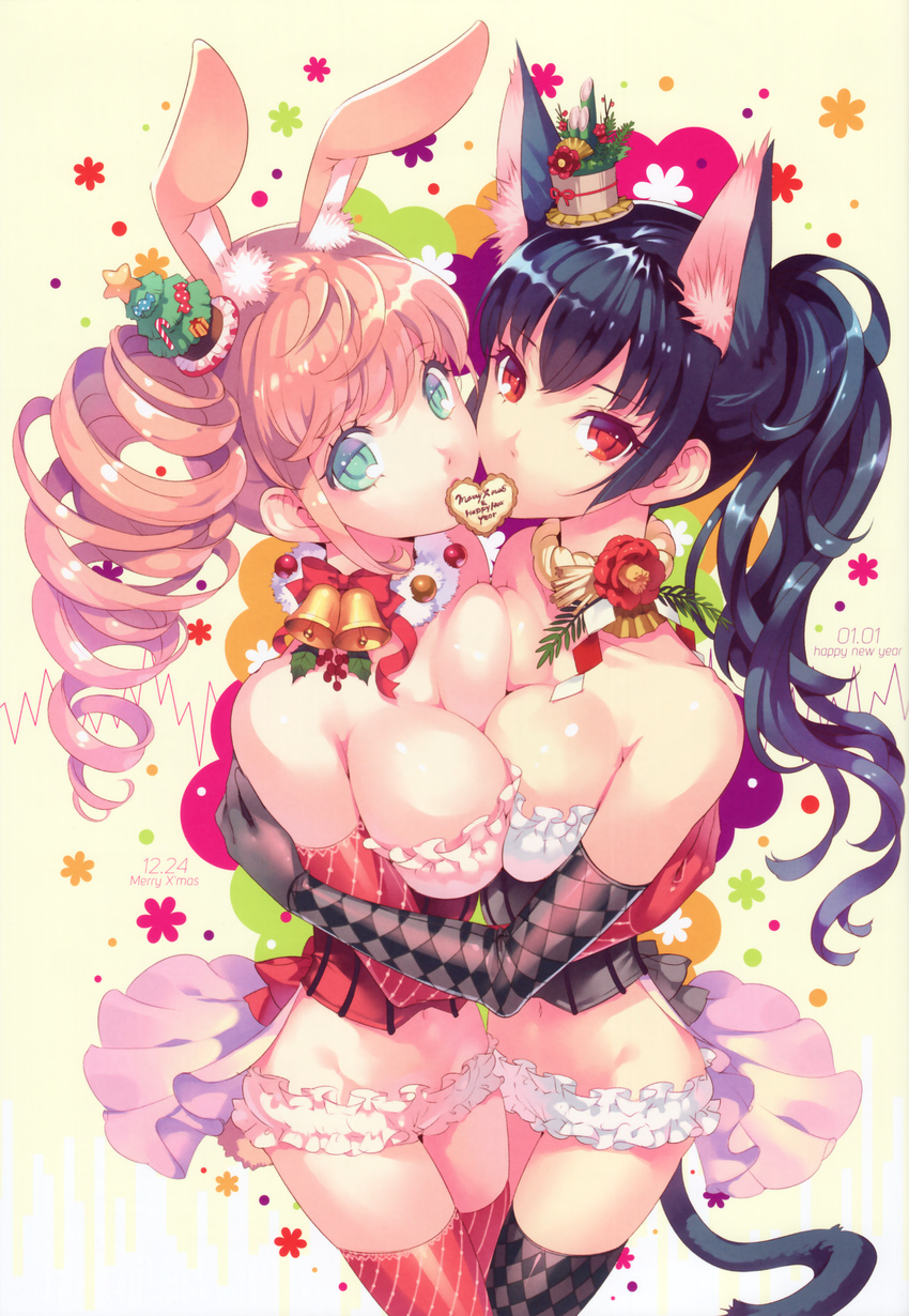 absurdres animal_ears argyle argyle_gloves argyle_legwear bell black_gloves black_hair black_legwear blue_eyes breast_press breasts bunny_ears camellia cat_ears christmas-chan christmas_tree diagonal_stripes drill_hair elbow_gloves flower gloves hair_ornament highres holly kadomatsu looking_at_viewer mouth_hold multiple_girls nishimura_eri original oshougatsu-chan perspective pink_hair pink_legwear red_eyes red_gloves red_legwear shide striped striped_legwear symmetrical_docking thighhighs twin_drills twintails