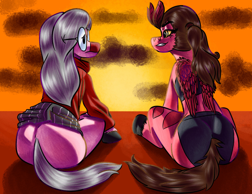2024 banco bottomwear brown_hair brown_tail butt cavemanon_studios clothing crop_top detailed_background digital_drawing_(artwork) digital_media_(artwork) duo earth_pony equid equine eyelashes eyewear feathered_wings feathers female feral fluffy fluffy_tail fur glasses hair hasbro hooves horse i_wani_hug_that_gator long_hair long_tail mammal my_little_pony mythological_creature mythological_equine mythology outside pegasus pink_body pink_fur ponification pony red_body red_fur shirt shorts silver_hair silver_tail sitting smile snoot_game snout sweater tail theresa_(snoot_game) thick_thighs topwear victoria_(iwhtg) wide_hips wings