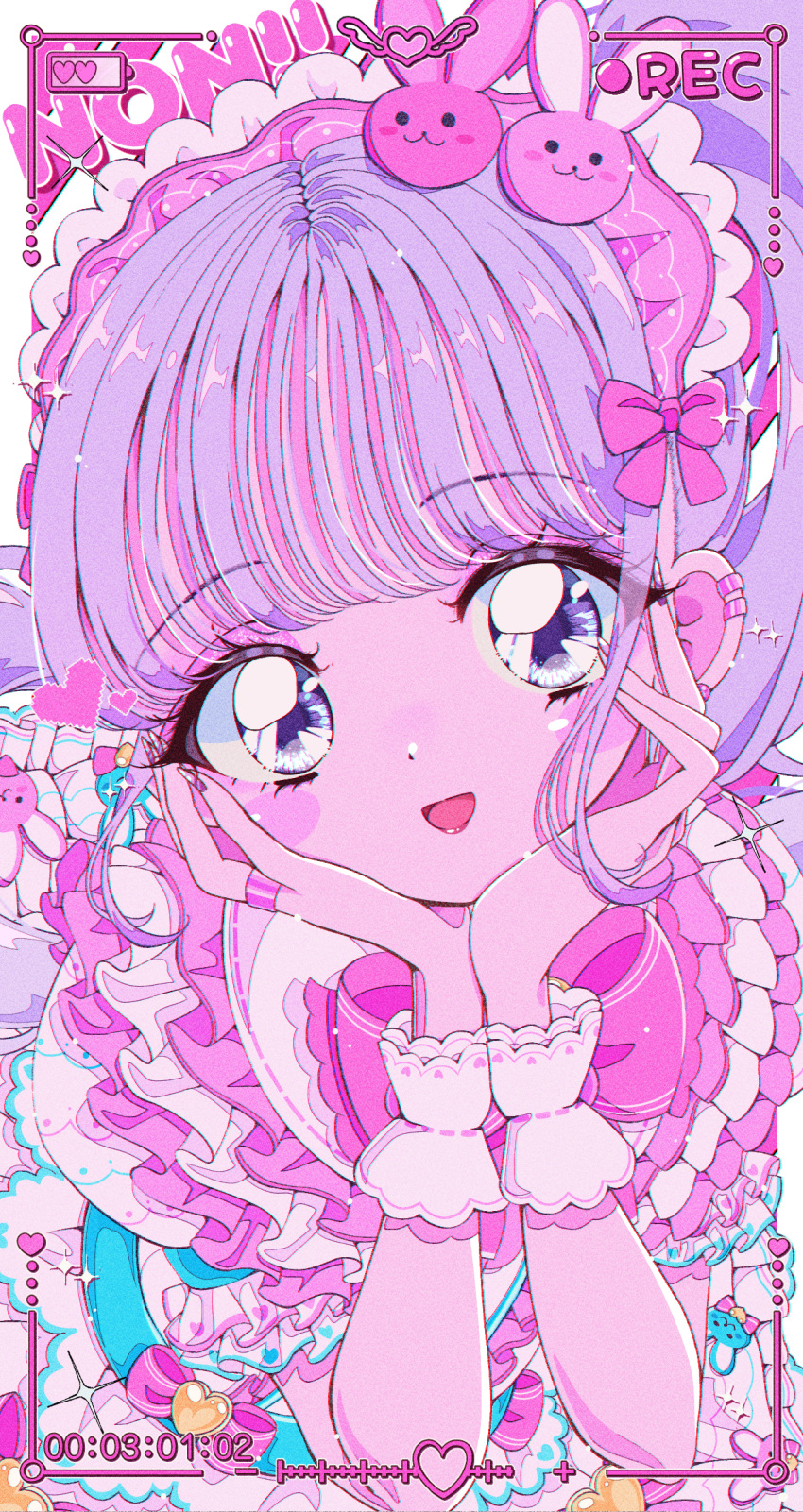1girl battery_indicator blush bow character_name commentary_request frills hairband hands_on_own_cheeks hands_on_own_face hands_up highres lolita_fashion lolita_hairband long_hair looking_at_viewer manaka_non milon_cas open_mouth pink_bow pretty_series pripara purple_eyes purple_hair recording retro_artstyle smile solo sweet_lolita upper_body viewfinder wrist_cuffs